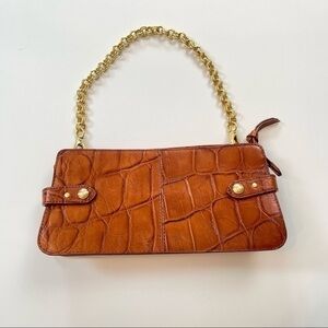 Croc-Embossed Leather Shoulder Bag Cognac Tan Gold Chain Removable Strap